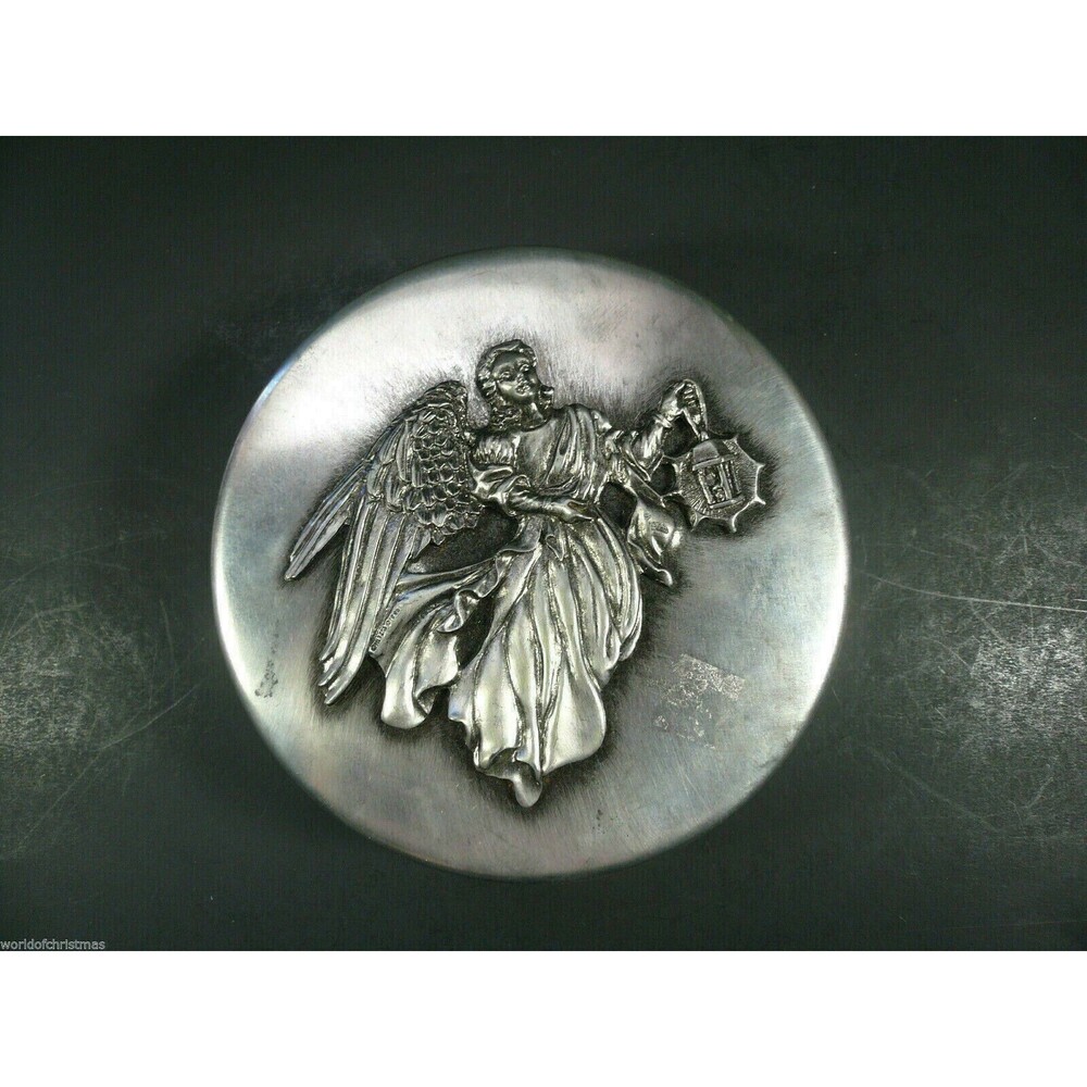 Vintage 6" Round Tin with Pewter Angel holding Lantern Sewing Tin Box